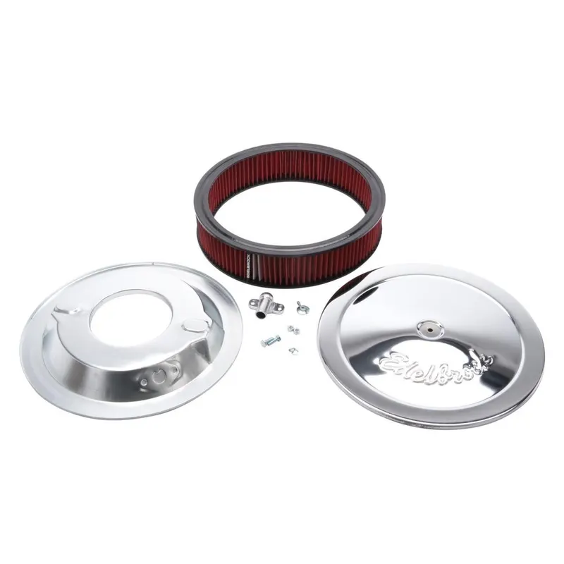 Air Cleaner Edelbrock 1224 Pro-Flo Air Cleaner; Round; Base; Pre-Oiled Cotton Element; 3/8 Deeper Flange; Will Not Fit Turbo Engines; Chrome; Fits 5 1/8 Dia. Carb