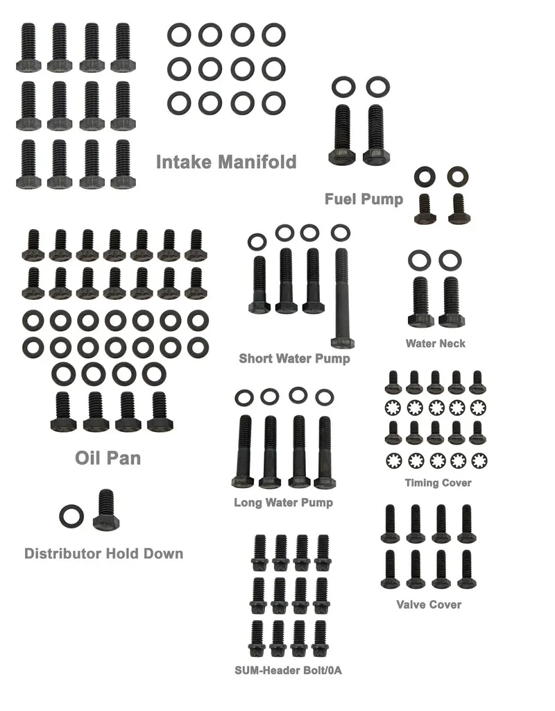 Bolts, Engine Stainless Steel, Black Oxide, Hex Head, Chevy, Small Block, Kit SUM-56490HSP