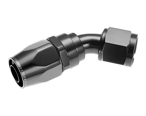 Fitting, 1045-08-2, Hose Ends, 1000 Series, Swivel Seal, -8 AN Female Threads, Reusable swivel, 45 degree, -8 AN Hose, Aluminum, Black Anodized, Each