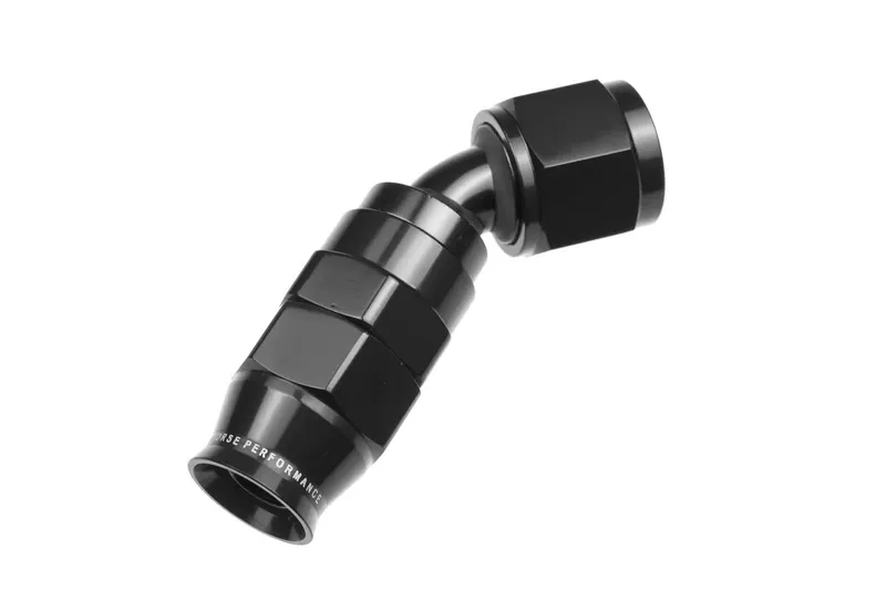 Fitting, 1290-08-2 Reuseable, PTFE, -8 AN Female Threads, Reusable swivel, 90 degree, -8 AN Hose, Aluminum, Black Anodized, Each