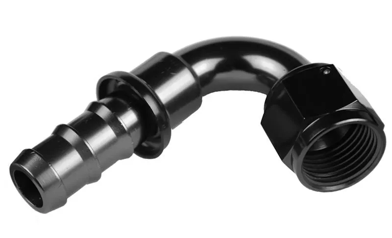Fitting, 2090-10-2 Hose Ends, 2000 Series, Push Lock, -10 AN Female Threads, Socketless barb, 90 degree, -10 AN Hose, Aluminum, Black Anodized, Each