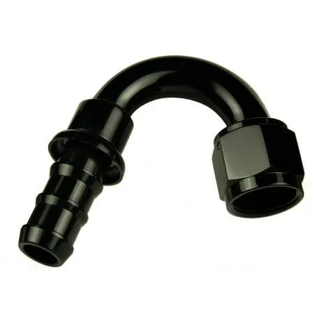 Fitting, 2150-08-2 Hose Ends, 2000 Series, Push Lock, -8 AN Female Threads, Socketless barb, 150 degree, -8 AN Hose, Aluminum, Black Anodized, Each