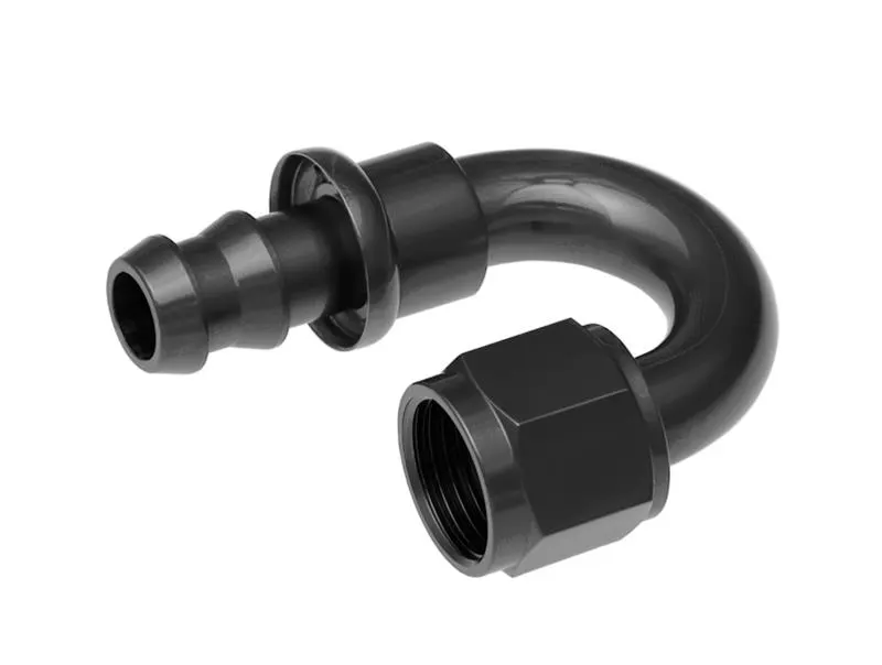 Fitting, 2180-10-2 Hose Ends, 2000 Series, Push Lock, -10 AN Female Threads, Socketless barb, 180 degree, -10 AN Hose, Aluminum, Black Anodized, Each
