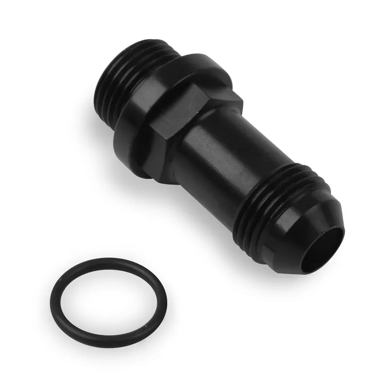 Fitting, 26-153-1 Fuel Bowl Fitting, Long Style, Aluminum, Black Anodized, -8 AN O-ring Male Threads, -8 AN Male Threads, Each