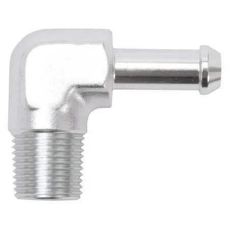 Fitting, 8168 Edelbrock Hose End 90-Deg 3/8in NPT to 3/8in Barb Clear Anodize