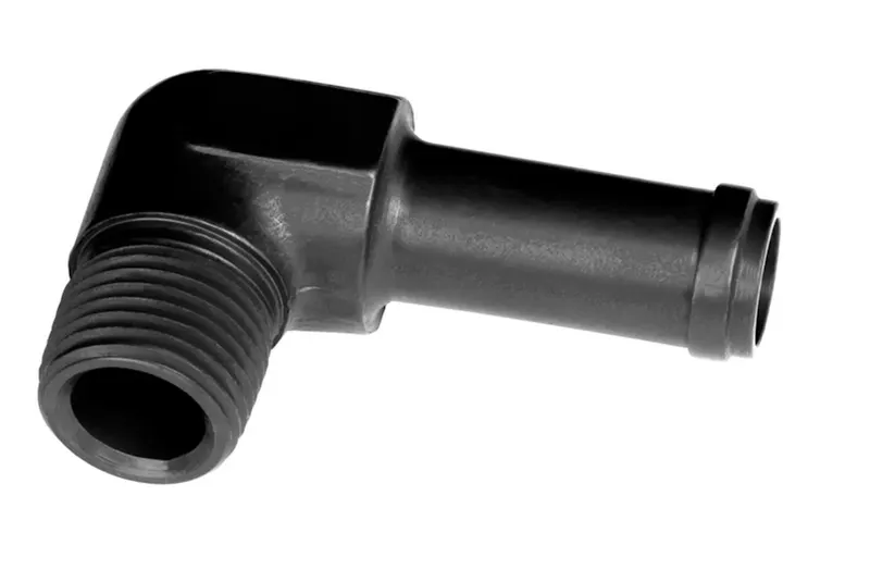 Fitting, 842-06-04-2 Adapter, AN to Hose Barb, 90 Degree, Aluminum, Black Anodized, 1/4 in. NPT, 3/8 in. Hose Barb, Each