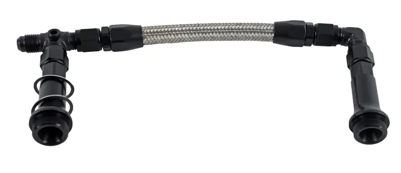 Fitting, EW1-53139 Carburetor Feed Lines, Braided Stainless, 7/8-20 in. Outlet, Male Thread, -6 AN Inlet, Male Thread, Black Fittings, Holley, 4150 Series, Each