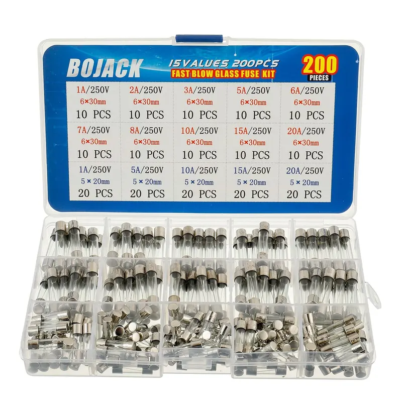 Fues, Glass, Fast-Blow Glass Fuses Assortment Kit 5x20mm 250V 1 5 10 15 20A 6x30mm 250V 1 2 3 5 6 7 8 10 15 20A amp