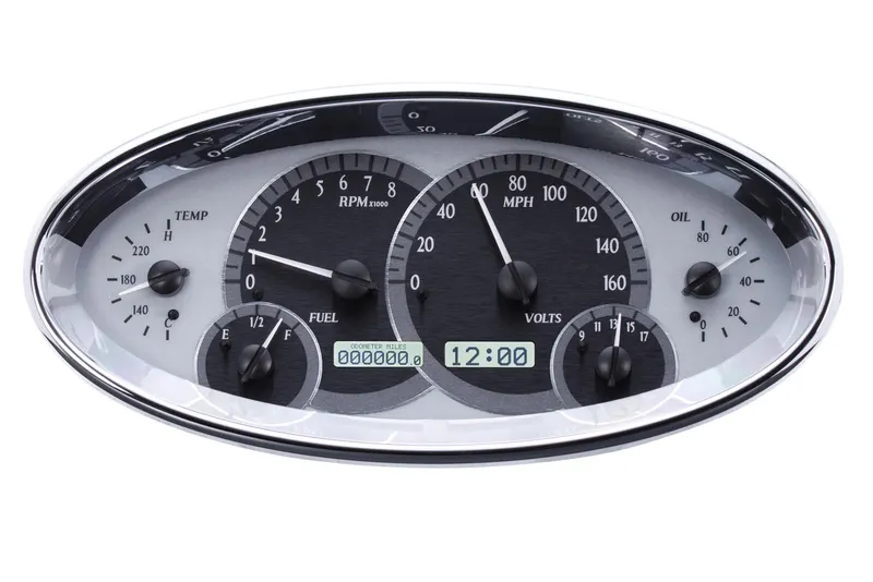 Gauge, VJX-1017-S-W Gauge Kits, VHX Series Elliptical, Analog, Silver Alloy Face, LED White Illuminated, Chrome Bezel, Kit