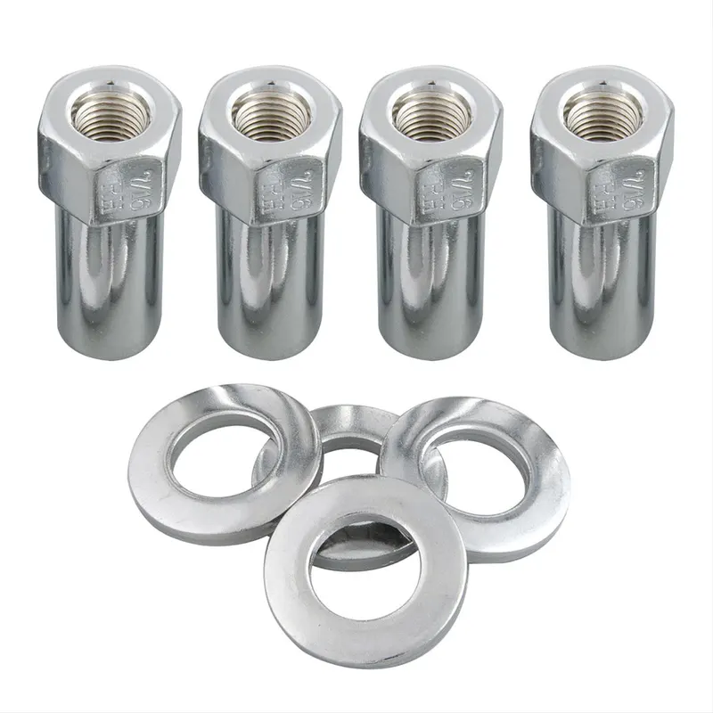 Nuts, Lug 7540142 Flat Seat with Shank, 7/16 in. x 20 RH, 1.380 in. Shank Length, Open End, Steel, Chrome