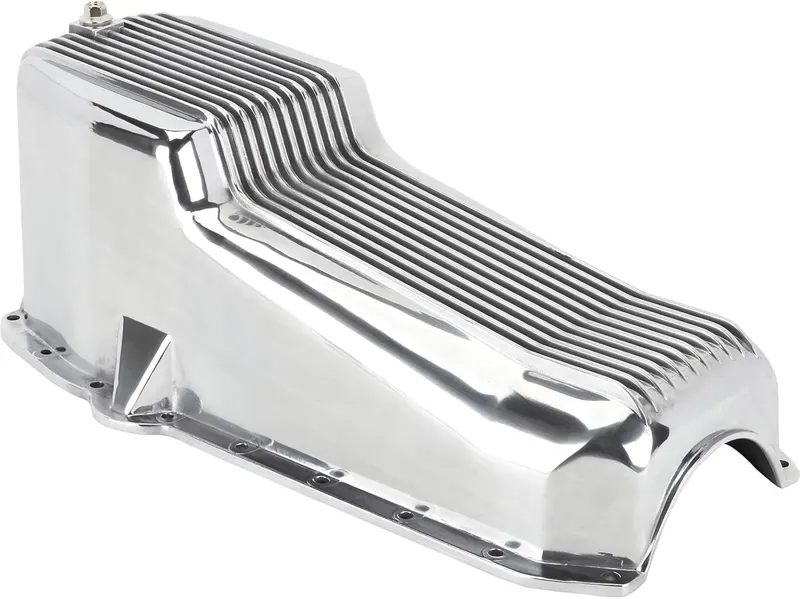 Oil Pan, Small Block Chevy Aluminum Oil Pan - Polished Finned Design - Driver's Side Dipstick