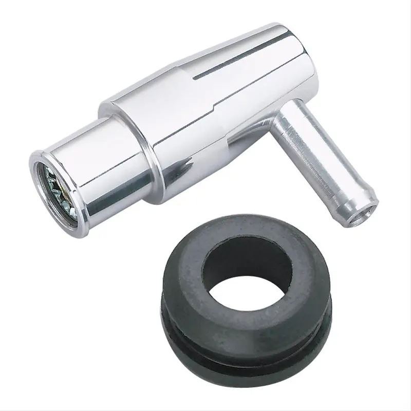 PCV Valve, 90 Degree, Billet Aluminum, Polished, 1.22 in. O.D., 3/8 in. Hose Barb, Each