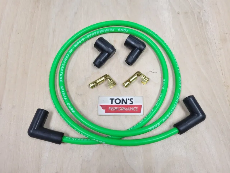 Plug Wire, SPW-CH-416-8 Florescent Green BBC - UH 10 MM 90 deg Plug Boot / 90 deg Cap-Coil Boot/HEI. High Temp Silicone Coated Fiberglass Oversleeve. 12" Coil Wire Kit.