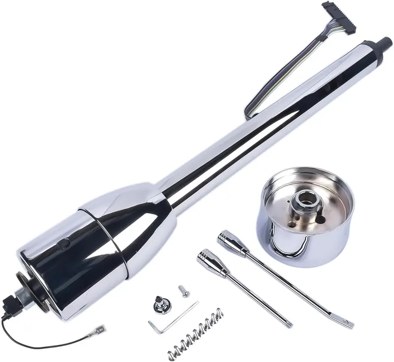 Steering Column, 28" Chrome Tilt Steering Column Floor Shift Replacement for Chevy GM Hot Rod No Key w/ 9 Hole Adapter R91001C-28 Stainless Steel