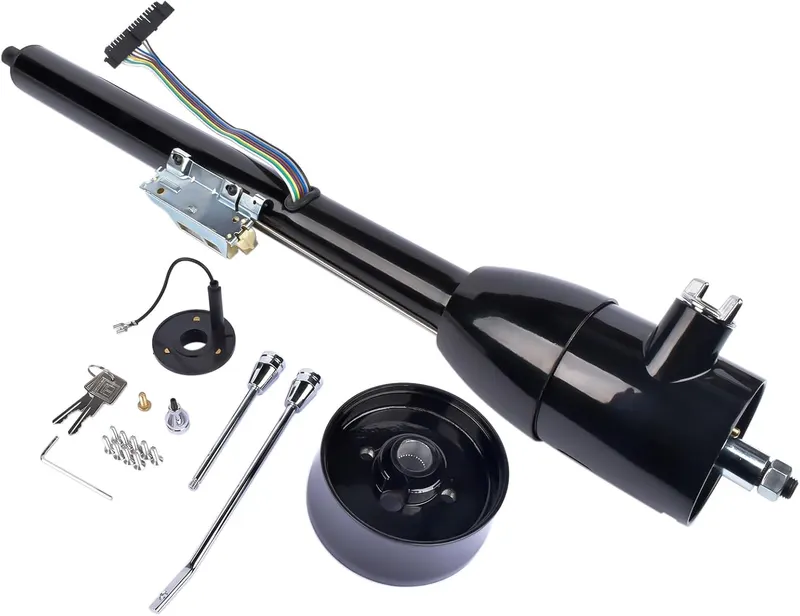 Steering Column, 30'' Tilt Manual Steering Column Floor Shift Hot Rod, with Key & 9 Holes Adapter, Stainless Steel Black Coating