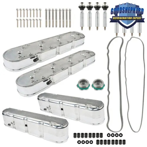 Valve Cover, 2pc Aluminum Valve Cover For Chevy LS Finned Vintage Hidden Coil - Polished